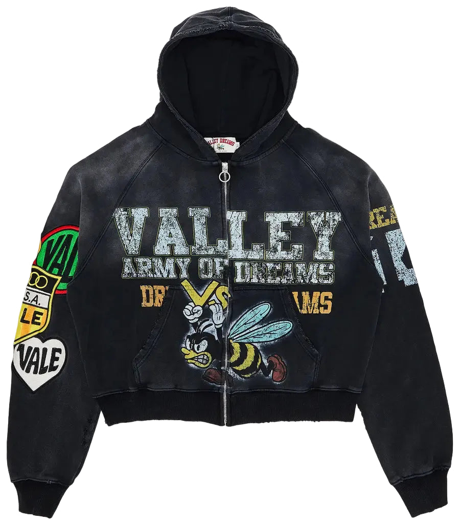 Front View of Vale Forever Valley Dreams Army Black Zip-Up Hoodie